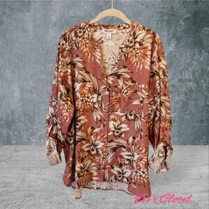 Nine West Linen Blend Women’s Shirt Light Old Rose Roll Sleeve Button Down XL